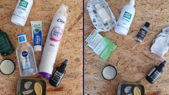 Links: De verzorgingsproducten die ik voor mijn plasticdieet gebruikte. Rechts: De producten die ik tijdens mijn plasticdieet gebruikte.