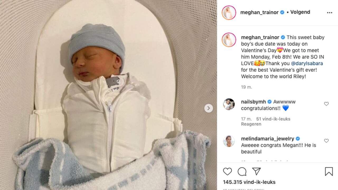 Meghan Trainor kondigt de geboorte van haar zoon Riley aan.
