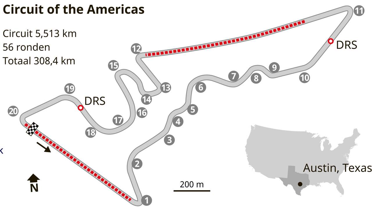 De layout van het Circuit of the Americas (COTA).