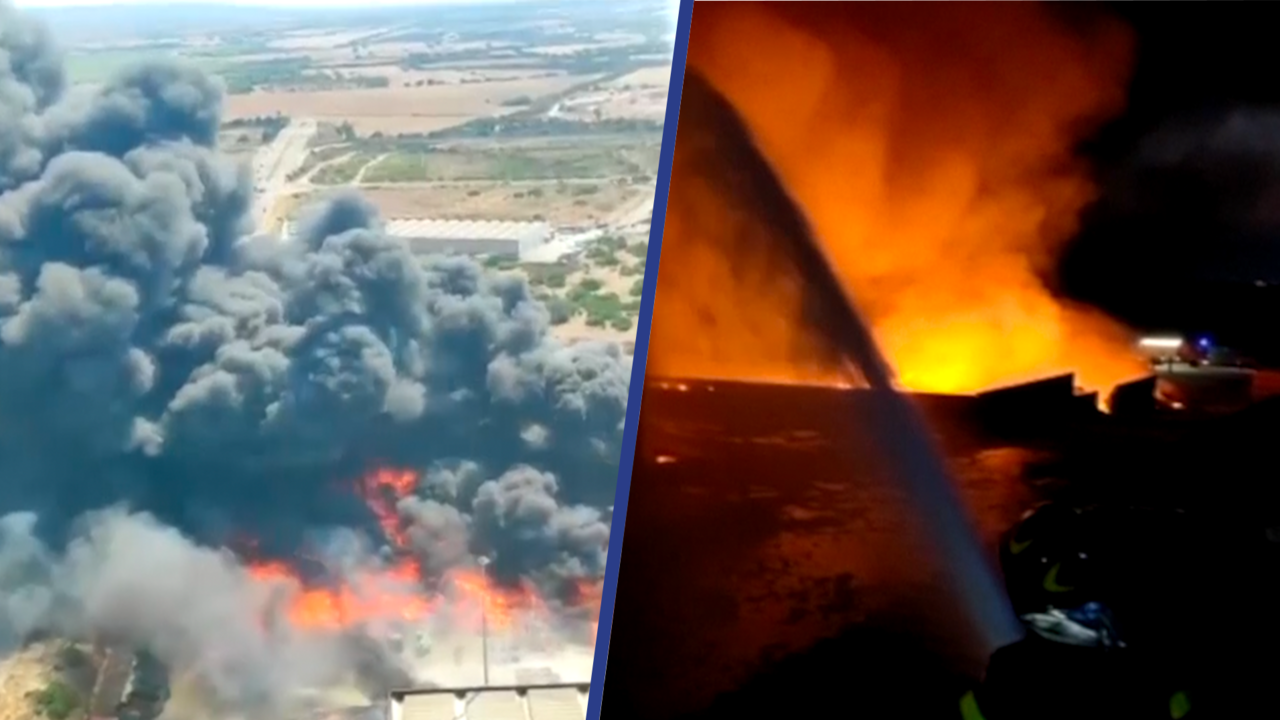 Beeld uit video: Italiaanse brandweer blust bosbrand en hevige brand in afvalfabriek