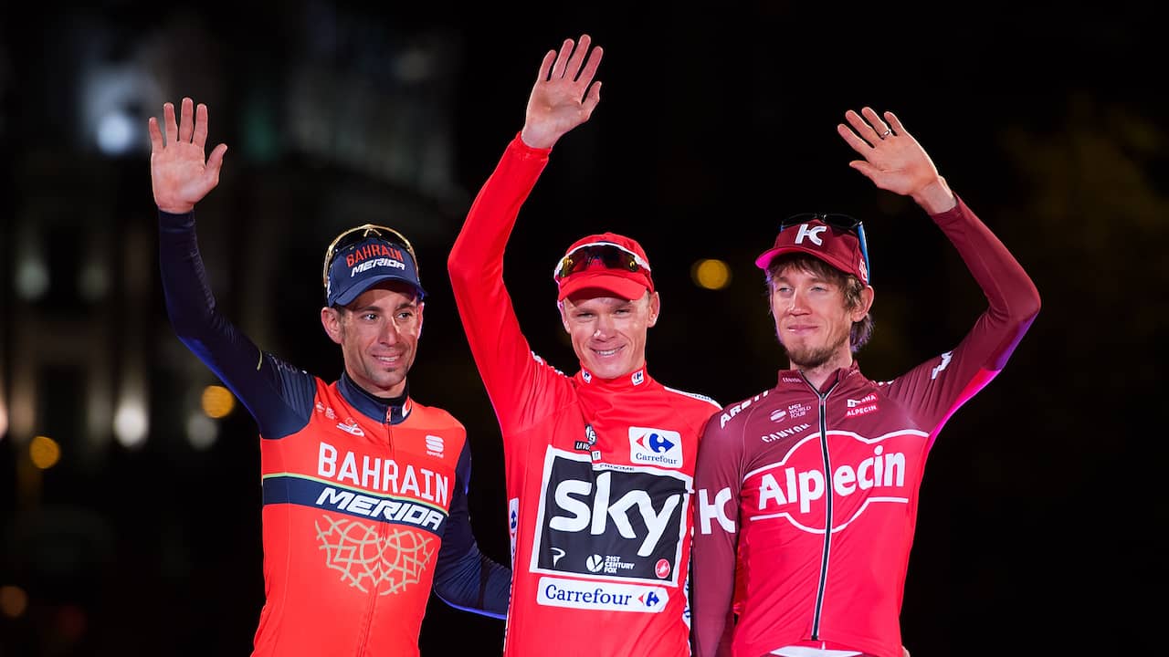 Ilnur Zakarin (rechts) op het podium van de Vuelta in 2017 met winnaar Chris Froome en Vincenzo Nibali.