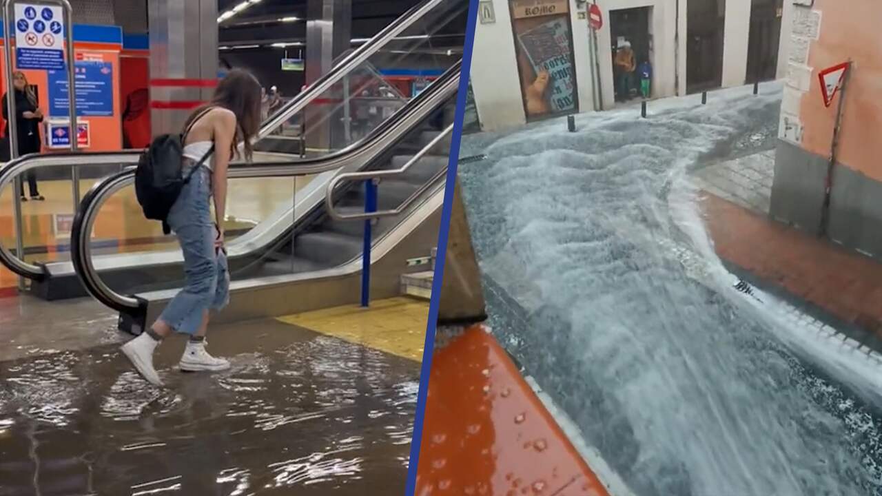 Beeld uit video: Ziekenhuizen en metrostations overstroomd na hevige regenval in Madrid
