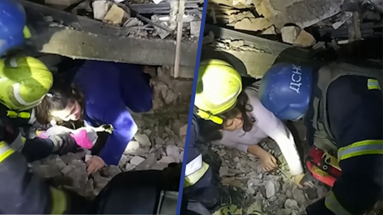 Beeld uit video: Oekraïens gezin kruipt onder puin vandaan na bombardement