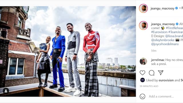 Op Instagram onthulde Jeangu Macrooy de outfit die hij droeg tijdens de eerste repetitie.