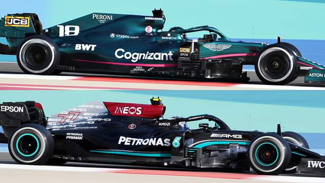 Uit het zijaanzicht blijkt dat vooral de bargeboards (de luchtgeleiders achter het voorwiel) verschillen. Ook het bodywork rondom de motor is anders vormgegeven. Aston Martin heeft bovendien andere luchtgeleiders op de rand van de vloer van de auto dan Mercedes.