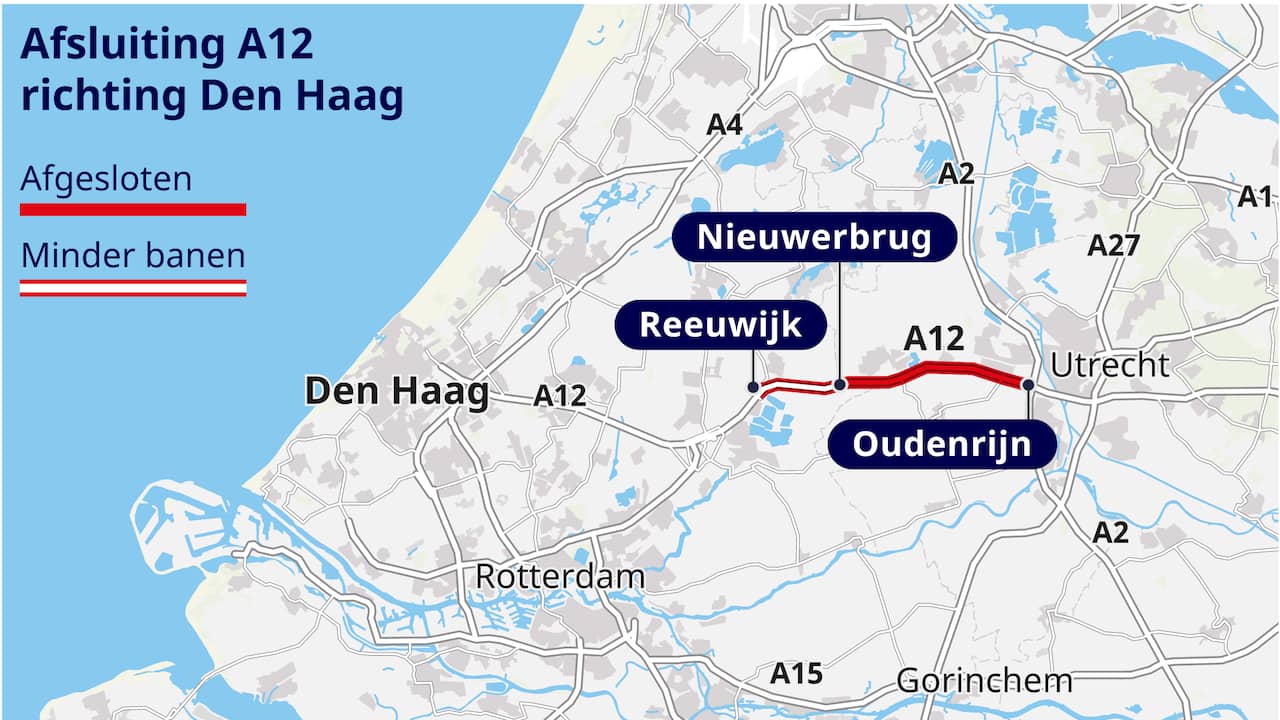 De A12 richting Den Haag blijft tot 7 oktober deels afgesloten.