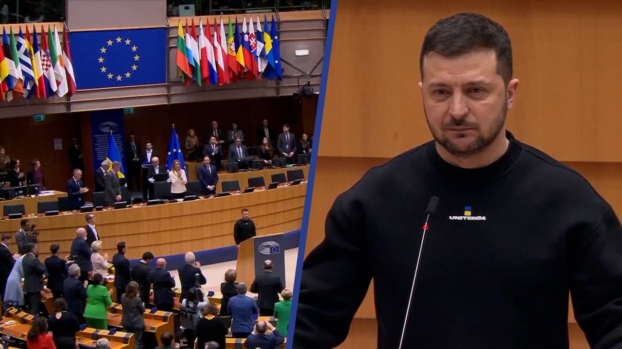 Beeld uit video: Zelensky in toespraak Europees Parlement: 'We blijven vechten'