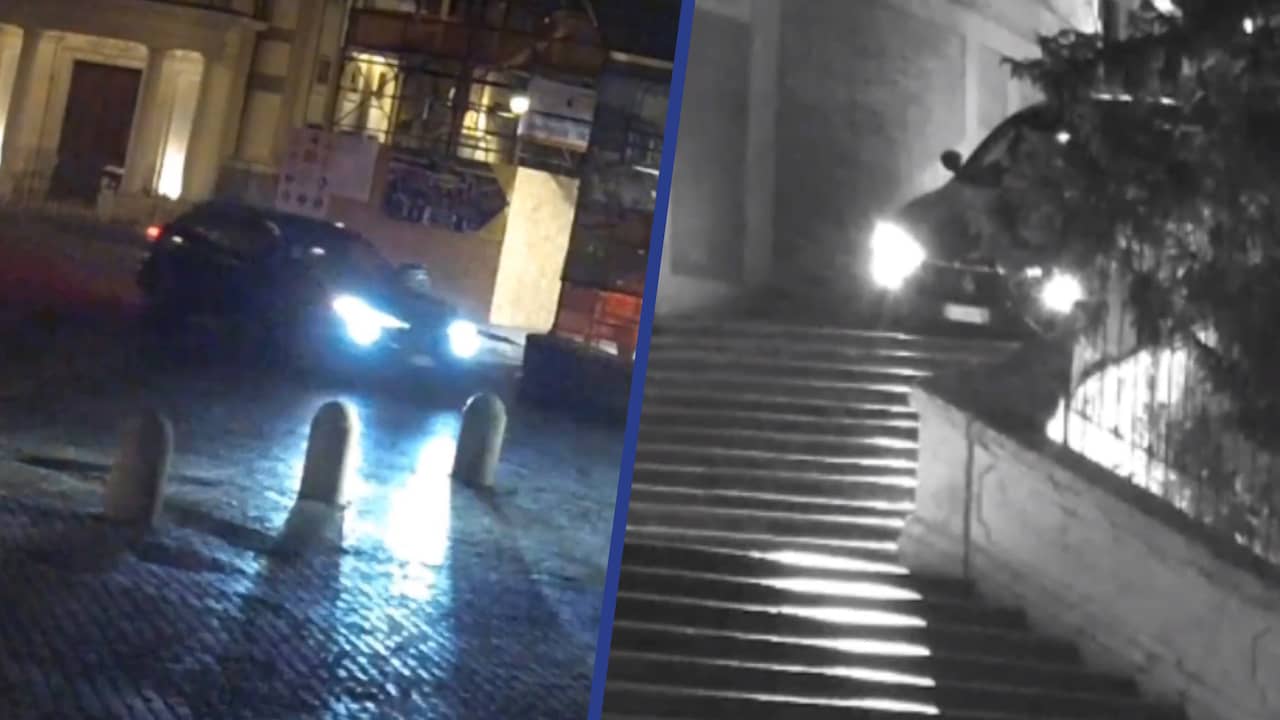 Beeld uit video: Man rijdt met auto van historische Spaanse Trappen in Rome