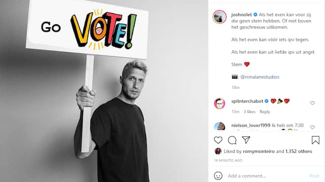 Chef Special-frontman Joshua Nolet roept iedereen op te gaan stemmen. Foto: Instagram/Joshua Nolet