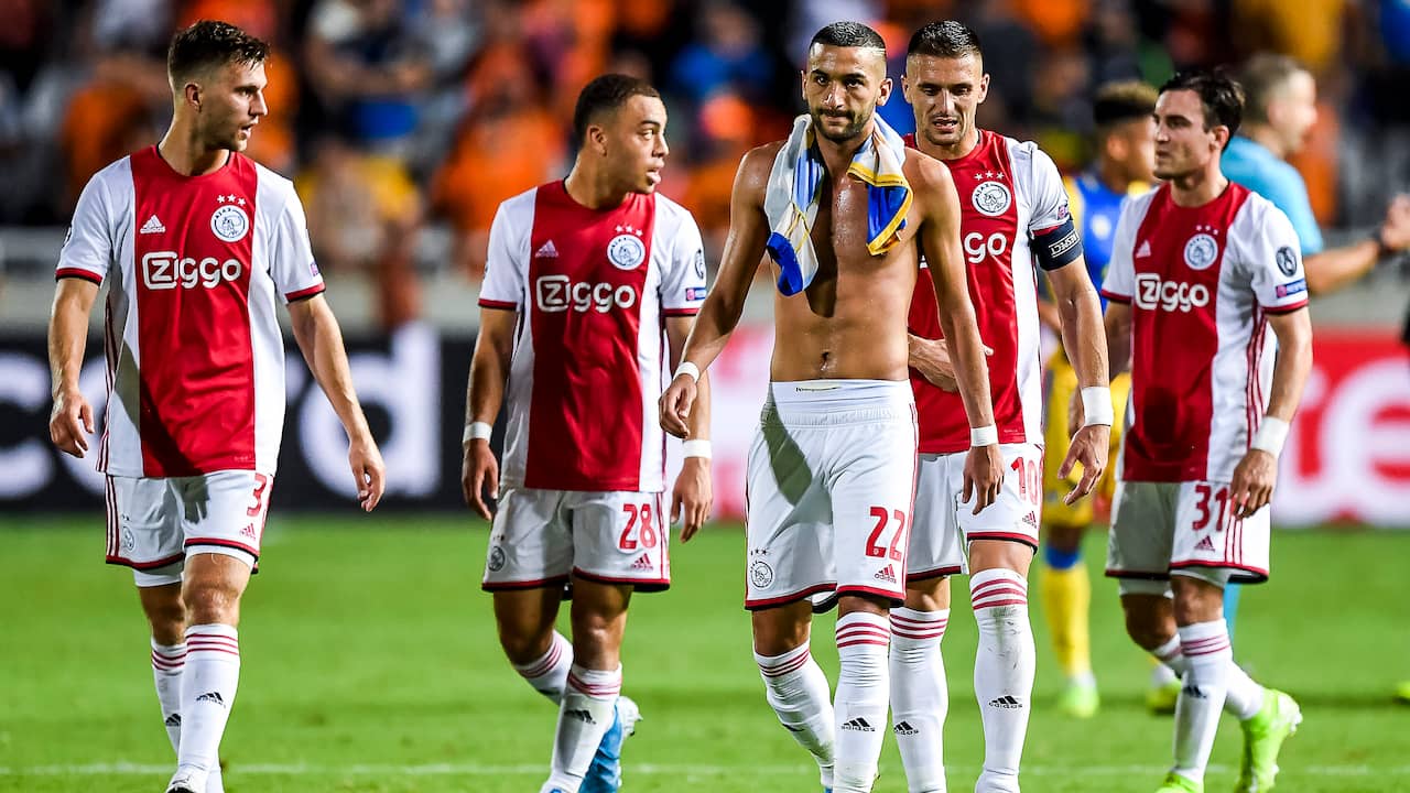 De spelers van Ajax druipen af na het teleurstellende resultaat. (Foto: Pro Shots)