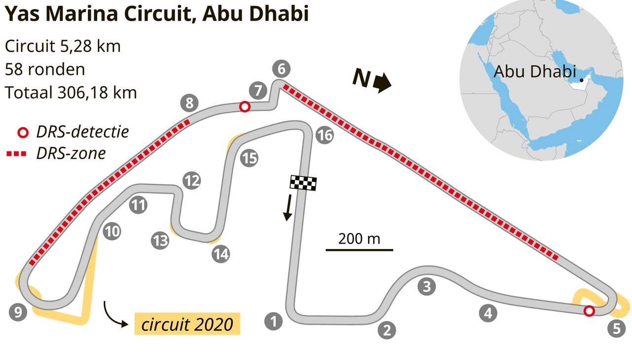 De lay-out van het Yas Marina Circuit in Abu Dhabi.
