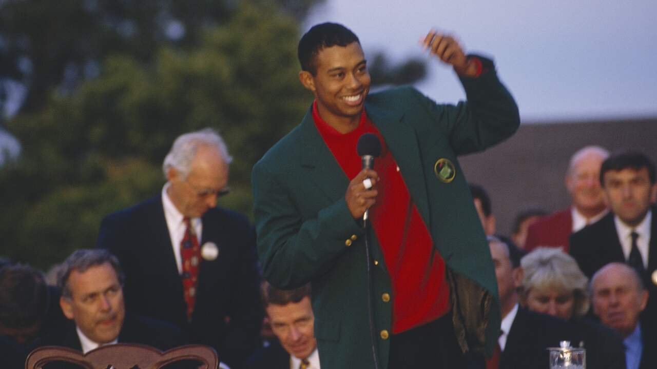 Tiger Woods na zijn eerste eindzege op de Masters in 1997.