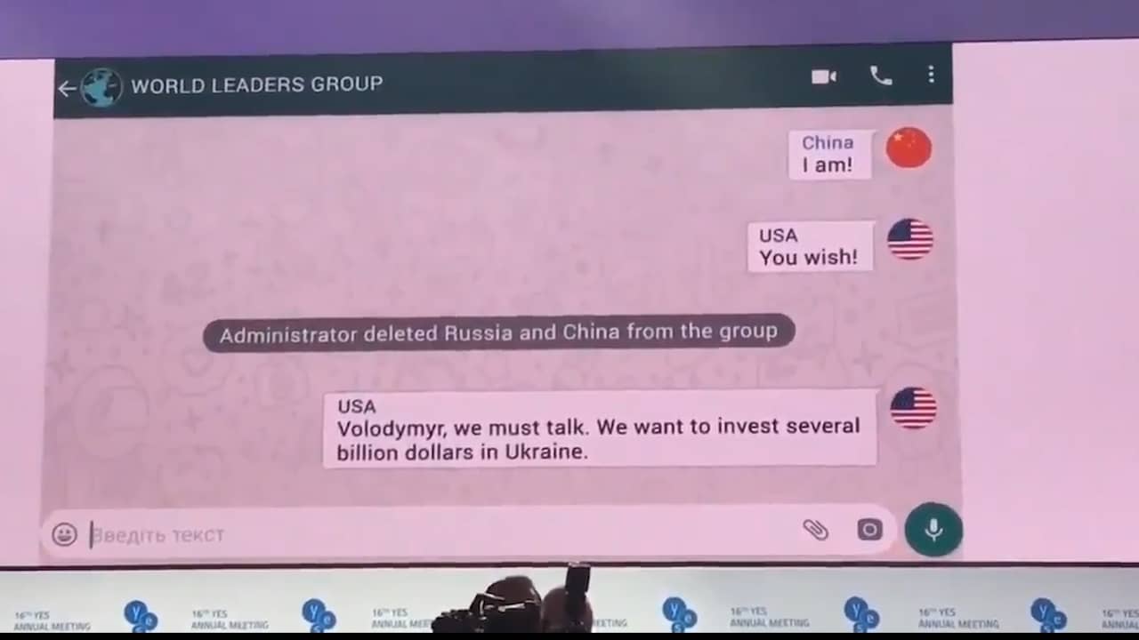Beeld uit video: President Oekraïne deelt parodie groepschat met wereldleiders