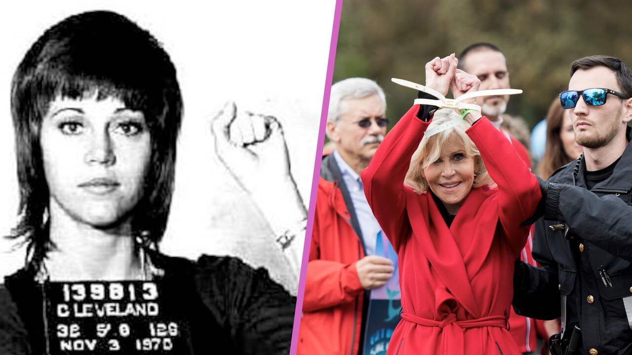 Fonda in 1970 bij haar eerste arrestatie en in 2019 bij haar recentste arrestaties.