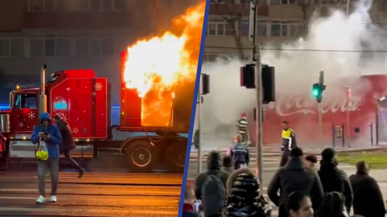 Beeld uit video: Brandende Coca-Cola truck rijdt door drukke straat in Boekarest