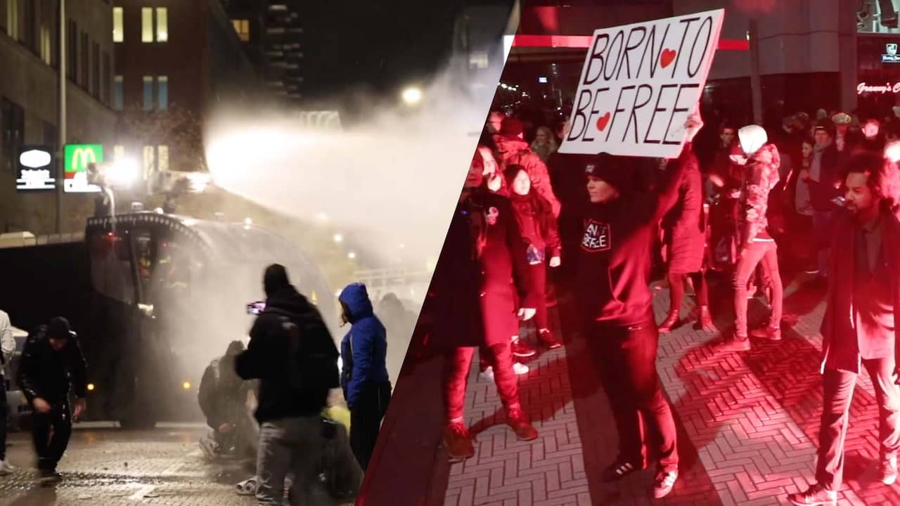 Beeld uit video: Politie zet waterkanon in bij coronaprotest in Den Haag