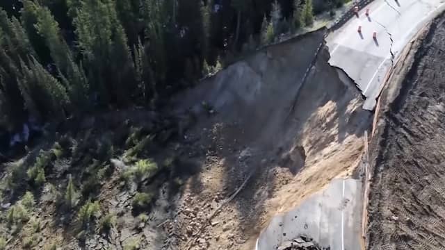 Drone filmt groot gat in Amerikaanse bergpas na aardverschuiving