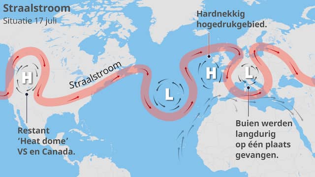 Extreem weer van Canada tot Europa door een zwakkere, slingerende straalstroom.