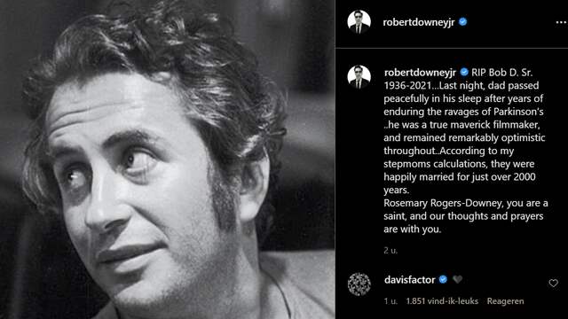 Het eerbetoon van Robert Downey Jr. aan zijn vader, dat hij woensdag deelde op Instagram.