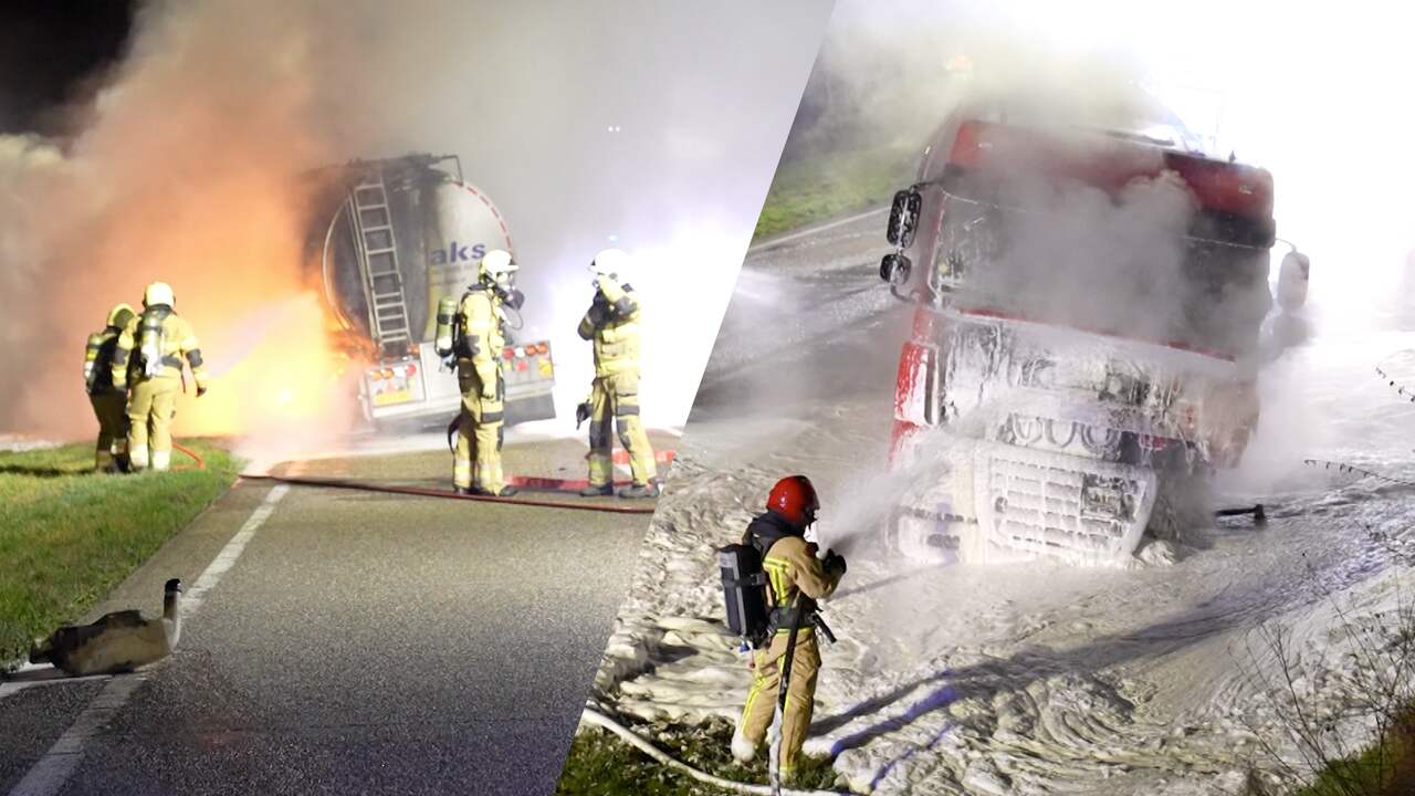 Beeld uit video: Tankwagen vliegt in brand na botsing met auto bij Brabantse Beek en Donk