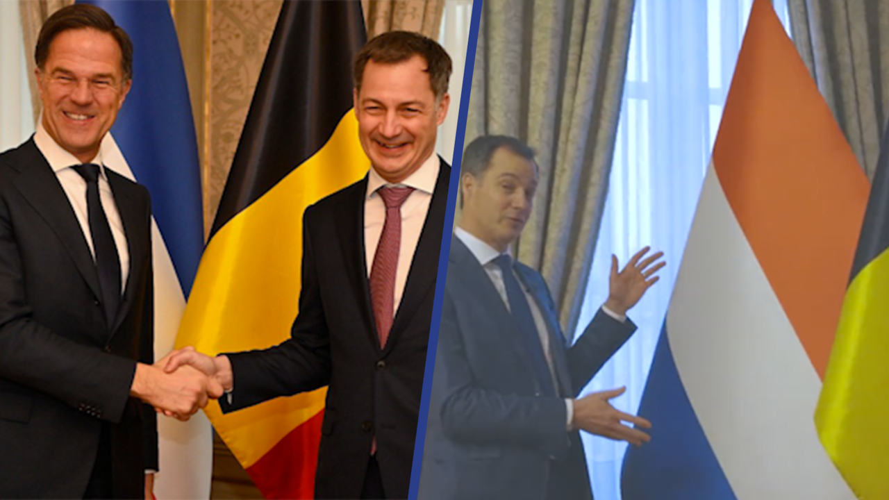 Image from video: Belgian Prime Minister returns to blunder with inverted Dutch flag