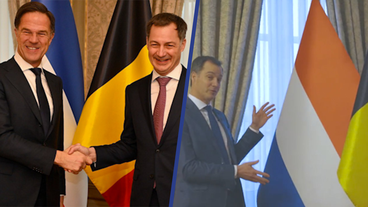 Beeld uit video: Belgische premier komt terug op blunder met omgekeerde Nederlandse vlag