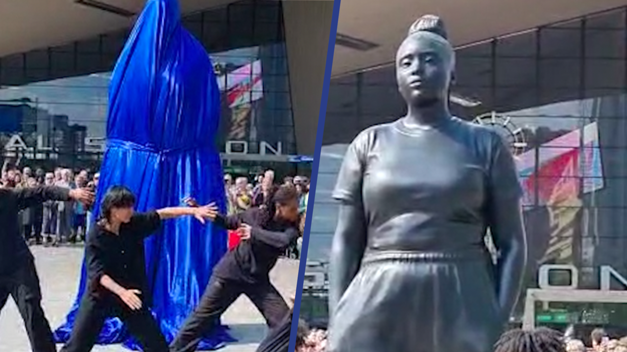 Beeld uit video: Dansers onthullen beeld van zwarte vrouw op Nikes in Rotterdam