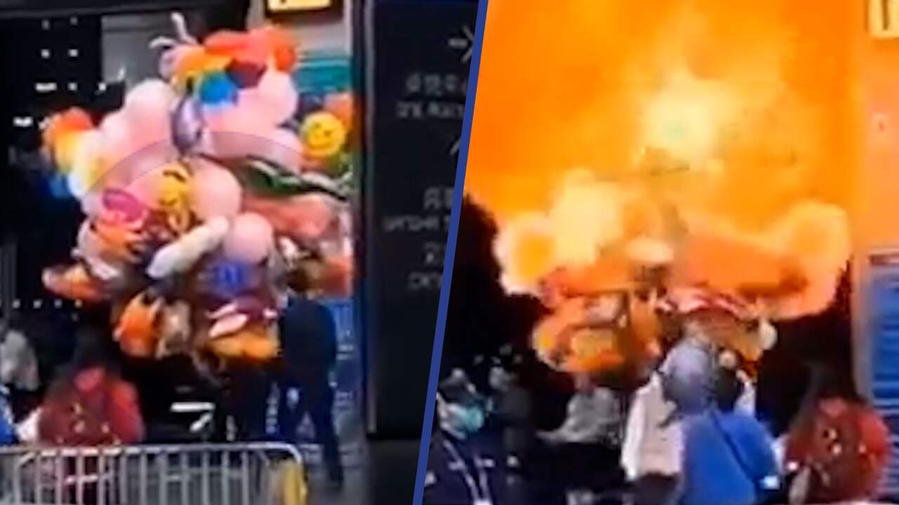 Beeld uit video: Vuurbal doordat bewaker tros ballonnen in brand steekt in China