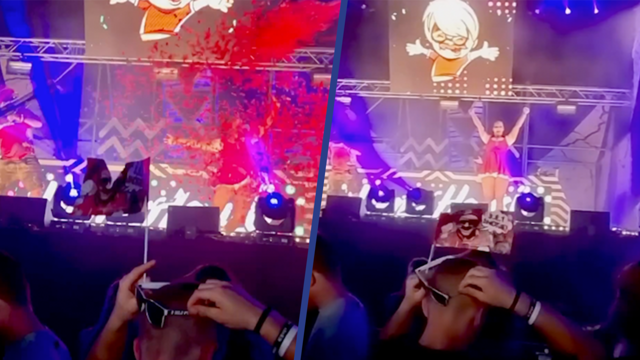 Beeld uit video: Dj Immer Hansi schiet danseres omver met confettibazooka