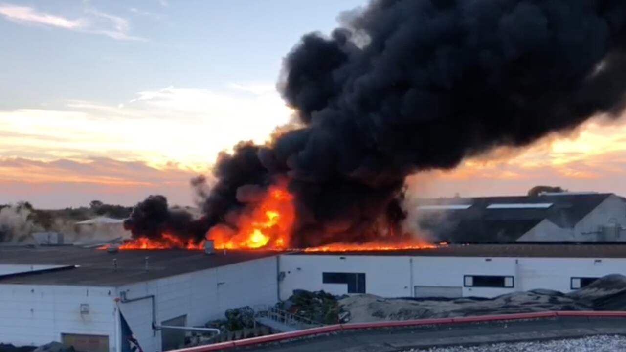 Beeld uit video: Vlammen slaan uit dak van recyclebedrijf in Dongen
