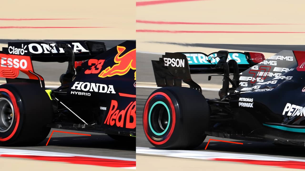 Het verschil in 'rake' tussen de Red Bull en de Mercedes.