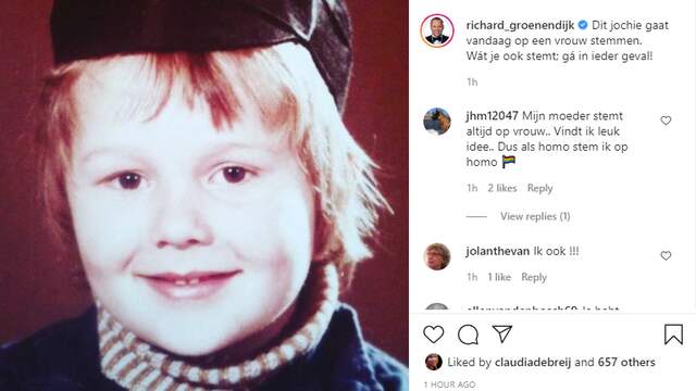 Geen 'stemfie' voor Richard Groenendijk: hij deelt een oude foto van zichzelf en schrijft daarbij dat hij op een vrouw gaat stemmen. Foto: Instagram/Richard Groenendijk