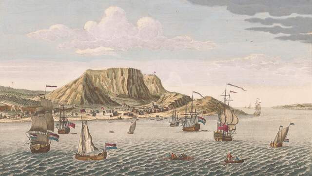 Nederzettingen van de Verenigde Oostindische Compagnie (VOC) bij Kaap de Goede Hoop in Zuid-Afrika. Nederland liet er van 1658 tot 1795 tot slaaf gemaakte mensen werken.
