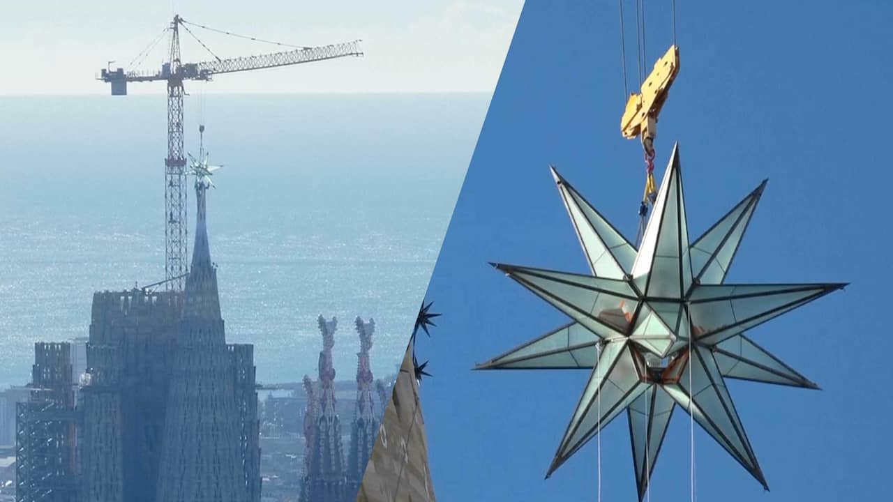 Beeld uit video: Enorme ster van vijf ton op toren Sagrada Familia gehesen