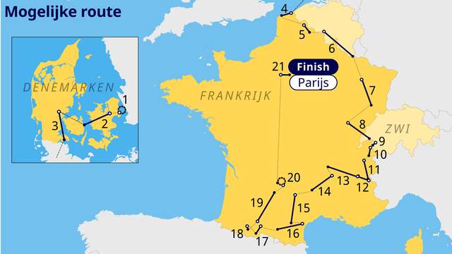Overzicht van het vermoedelijke parcours van de Tour de France in 2022.
