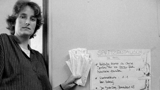 Aki Herlyn in 1986. ‘Wij ruilden oude spuiten voor nieuwe en gaven meteen voorlichting.’