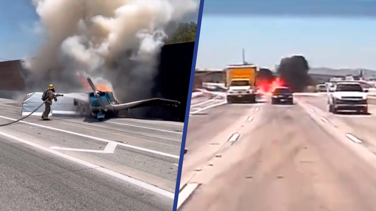 Beeld uit video: Vliegtuigje stort neer op snelweg bij Los Angeles