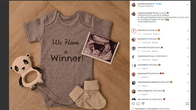 Het Instagram-bericht waarop Bouwmeester haar zwangerschap bekendmaakt.