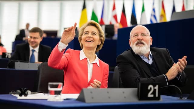 Ursula von der Leyen en Frans Timmermans, de voorzitter en vicevoorzitter van de Europese Commissie, tijdens de presentatie van de Green Deal in december 2019.