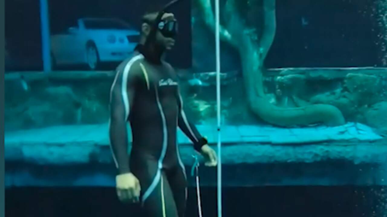 Beeld uit video: Eerste freediver verkent zwembad van 60 meter diep in Dubai