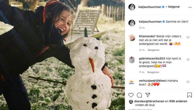 Katja Schuurman is trots op de sneeuwpop die haar dochter heeft gemaakt.