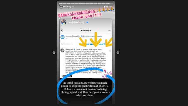 In haar Stories deelt Lively steunbetuigingen. Foto: Instagram/Blake Lively