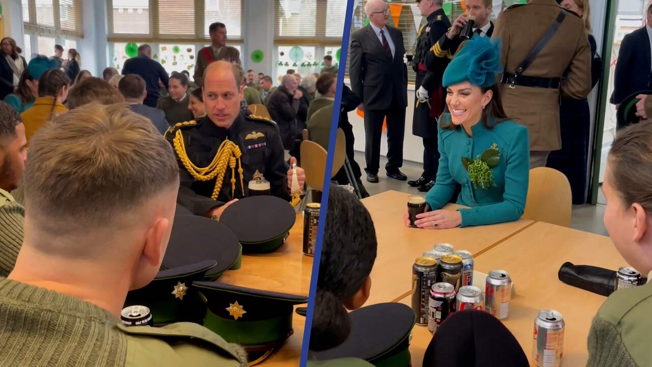 Beeld uit video: William en Kate drinken bier met Irish Guards op St. Patrick’s Day