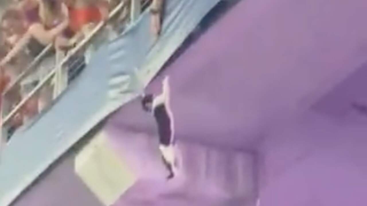 Beeld uit video: Toeschouwers vangen bungelende kat die van stadionring valt