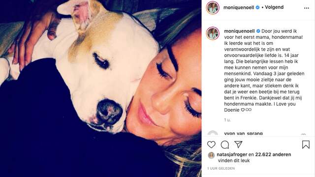 Hazes' ex Monique Westenberg en moeder van zijn zoon Dré junior staat stil bij het moederen over hond Doenie. (Foto: Instagram/Monique Westenberg)