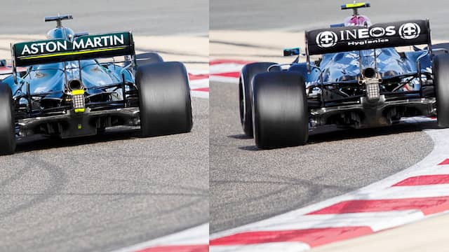 Aan de achterzijde is de wielophanging hetzelfde. Dat is logisch, want die koopt Aston Martin van Mercedes. Dat geldt niet voor de diffuser, die duidelijk een eigen ontwerp van Aston Martin is. Ook van achter gezien zijn de verschillen in het bodywork rond de motor goed zichtbaar. De achtervleugel lijkt dan weer een regelrechte kopie van de Mercedes.