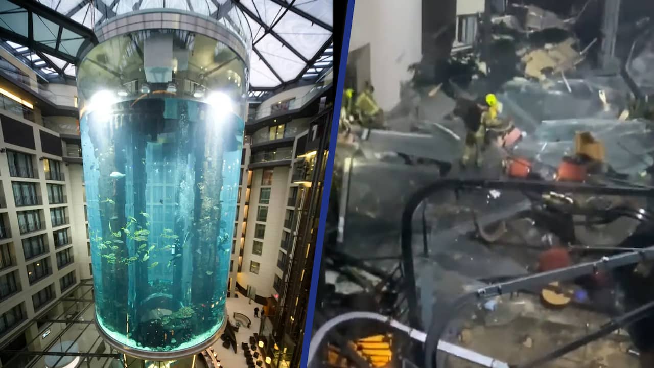Beeld uit video: Duitser filmt ravage nadat groot aquarium in hotel barst