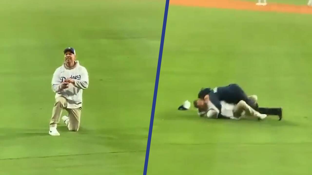Beeld uit video: Aanzoek bij honkbalwedstrijd in VS eindigt met beuk van bewaker