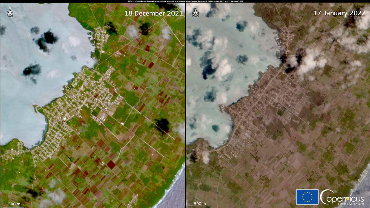 De impact van de vulkaanuitbarsting in Mu'a, op het eiland Tongatapu: links de situatie vóór de eruptie, rechts die op 17 januari. De satellietfoto is gemaakt door Copernicus, het programma waarmee de Europese Unie de aarde observeert.