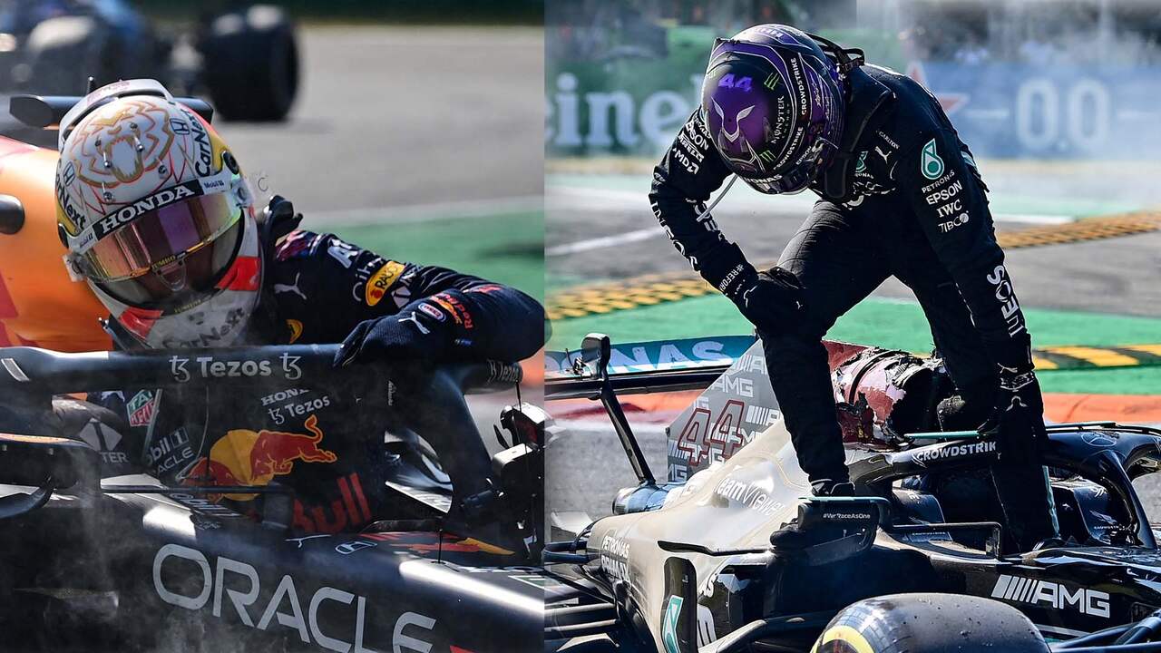 Beeld uit video: Verstappen en Hamilton geven elkaar de schuld van crash